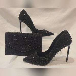 Steve Madden Black Spike Valorous Heels with matching clutch